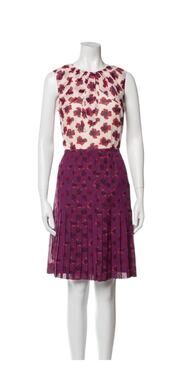 Tory Burch Silk Bow Tie A-Line Pleated Knee Length Floral Dress Size 4 Coquette